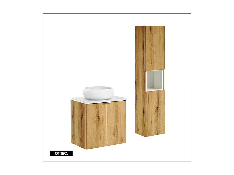 Ensemble de meuble de salle de bain - 60 cm - Oak/Blanc - avec vasque à poser - avec plan - avec colonne - 2 portes - VOLTA Oak