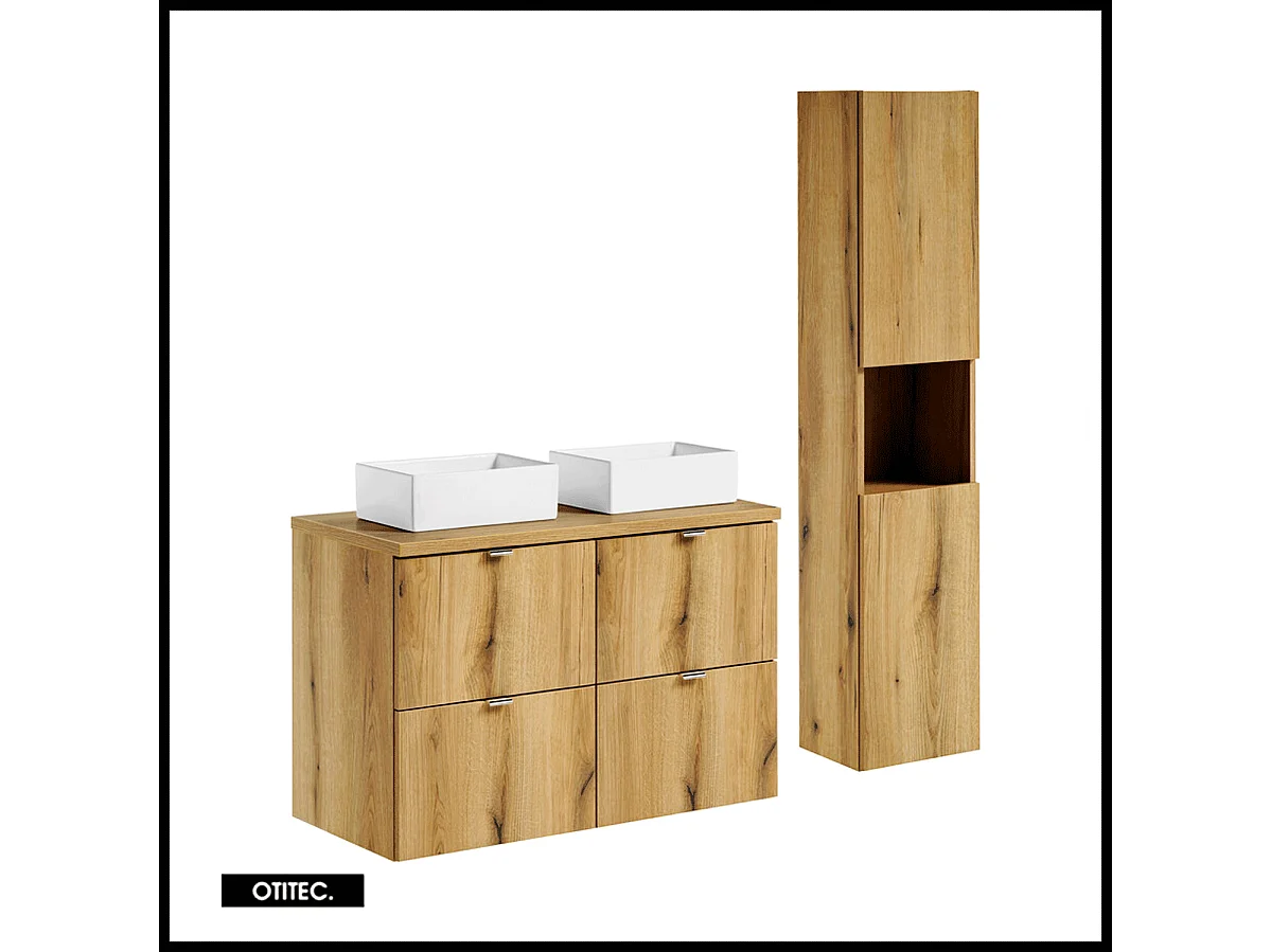 Ensemble de meuble de salle de bain - 100 cm - Oak - avec vasque à poser - avec plan - avec colonne - 4 tiroirs - VOLTA Oak