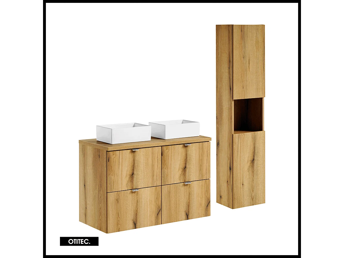 Ensemble de meuble de salle de bain - 100 cm - Oak - avec vasque à poser - avec plan - avec colonne - 4 tiroirs - VOLTA Oak