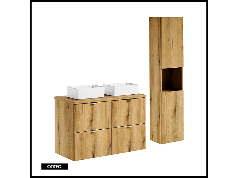 Ensemble de meuble de salle de bain - 100 cm - Oak - avec vasque à poser - avec plan - avec colonne - 4 tiroirs - VOLTA Oak