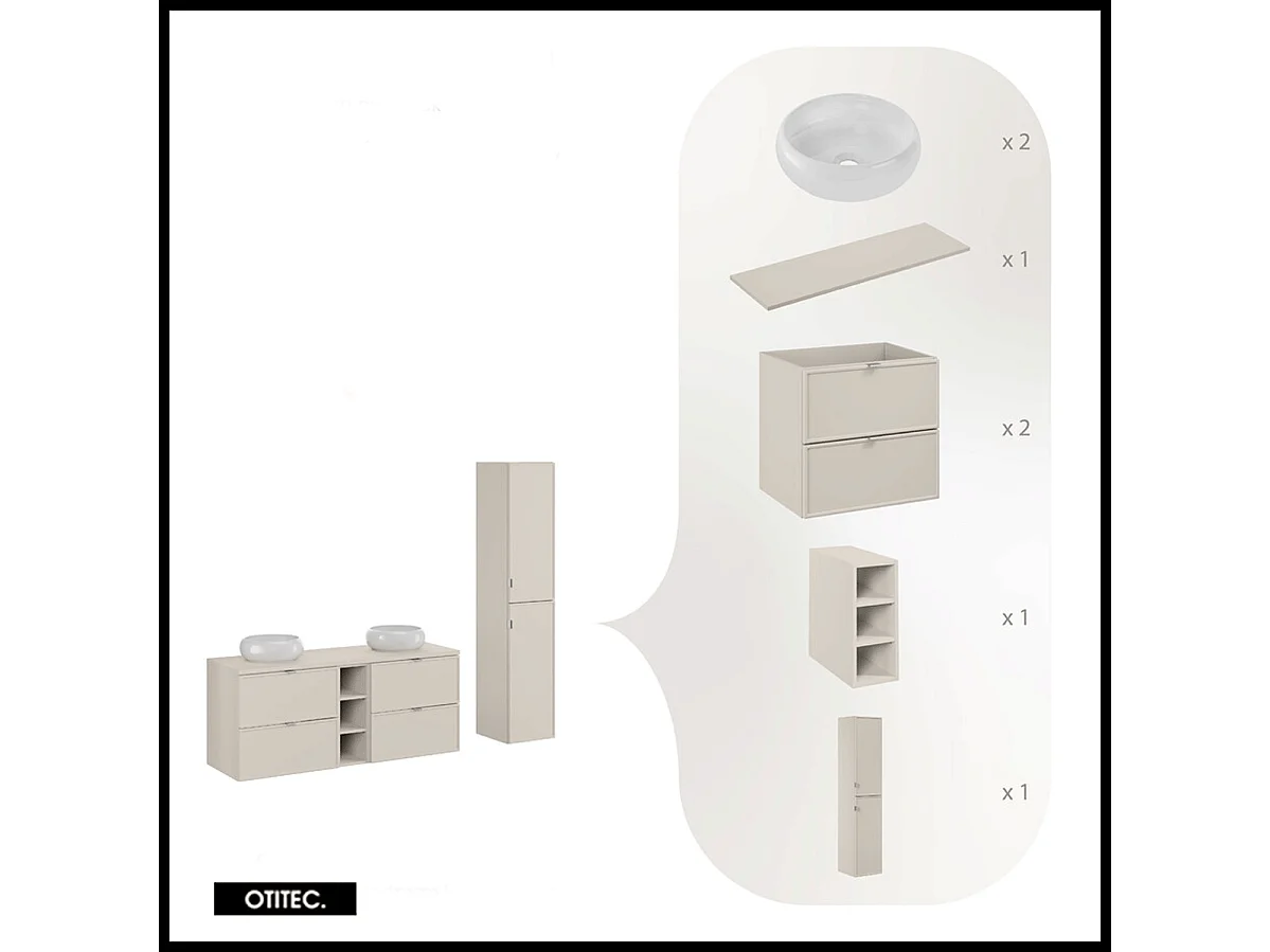 Ensemble meuble de salle bain  - 40 cm - avec plan - 2 vasques à poser - haut meuble - ASTRA
