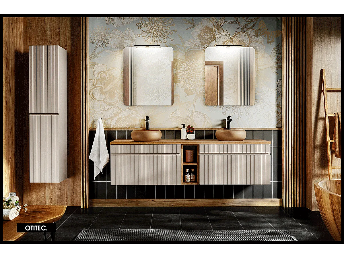 Ensemble de meuble de salle de bain - 180 cm - avec 2 vasques à poser - avec plan - avec colonne et Miroirs - 2 tiroirs - MINO