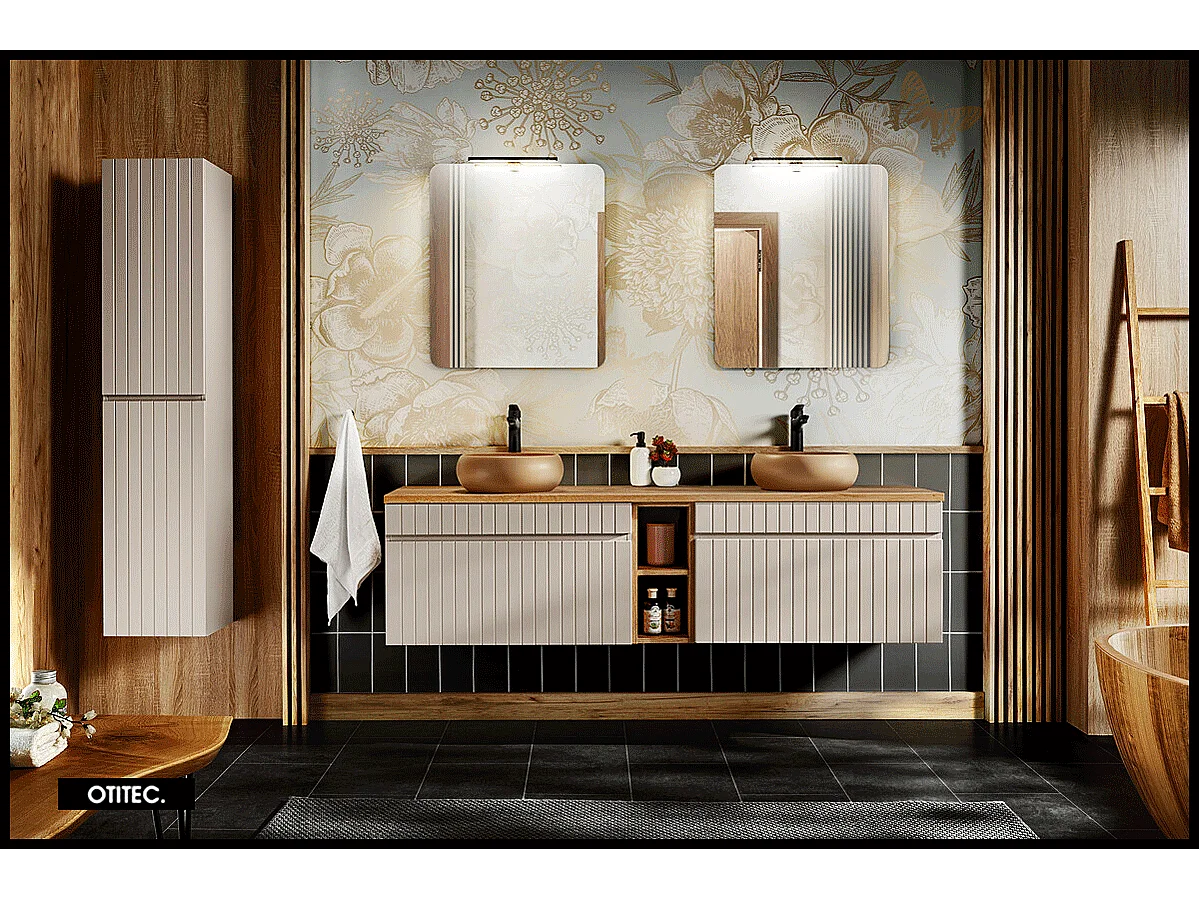 Ensemble de meuble de salle de bain - 180 cm - avec 2 vasques à poser - avec plan - avec colonne et Miroirs - 2 tiroirs - MINO