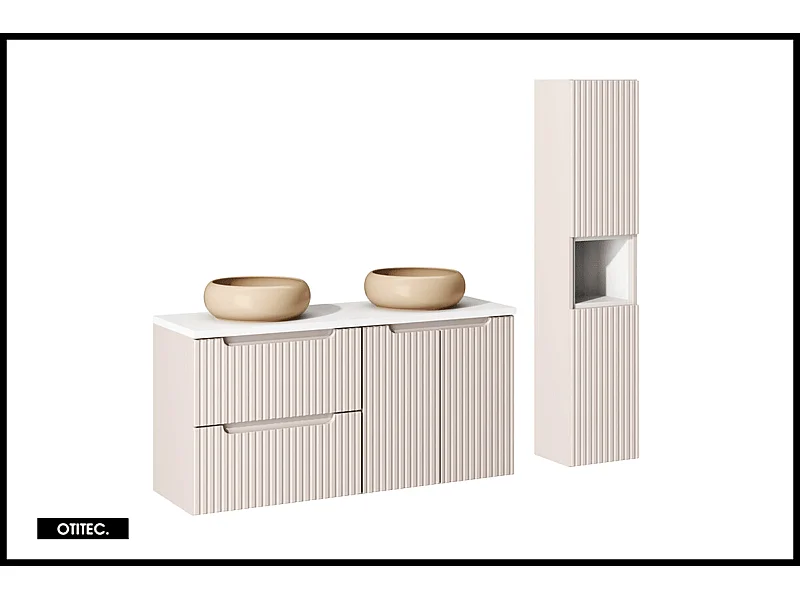 Ensemble de meuble de salle de bain - 120 cm - Cachemire Mat/Blanc - avec 2 vasques à poser - avec plan - avec colonne - 2 tiroirs/portes - VOLTA CASHMERE