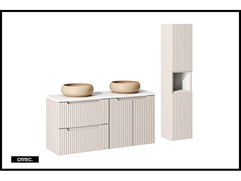 Ensemble de meuble de salle de bain - 120 cm - Cachemire Mat/Blanc - avec 2 vasques à poser - avec plan - avec colonne - 2 tiroirs/portes - VOLTA CASHMERE