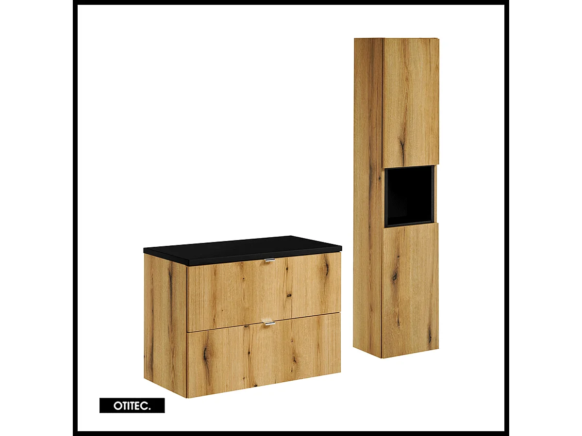 Ensemble de meuble de salle de bain - 80 cm - Noir/Oak - avec plan - avec colonne - 2 tiroirs - VOLTA Oak