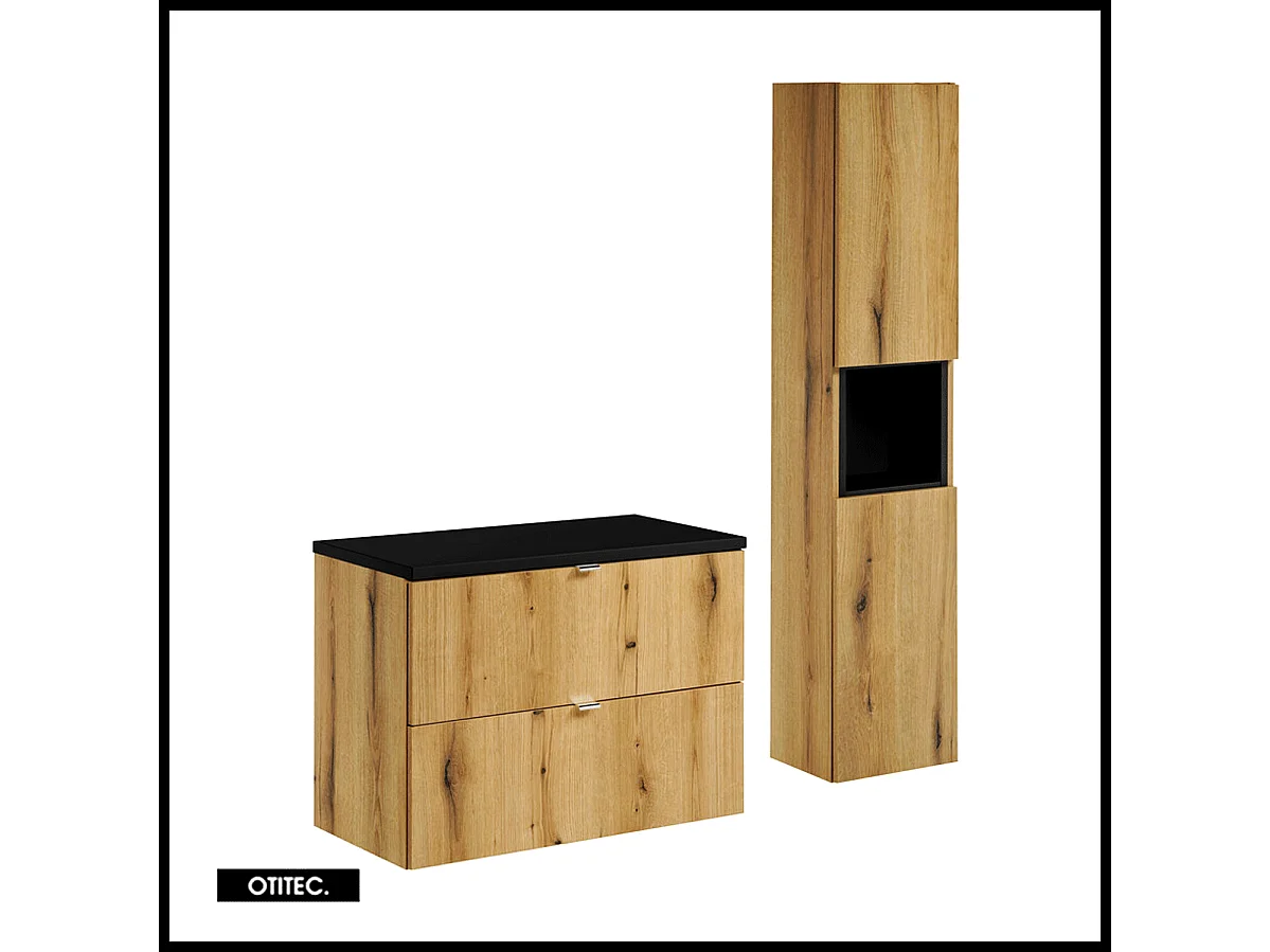 Ensemble de meuble de salle de bain - 80 cm - Noir/Oak - avec plan - avec colonne - 2 tiroirs - VOLTA Oak