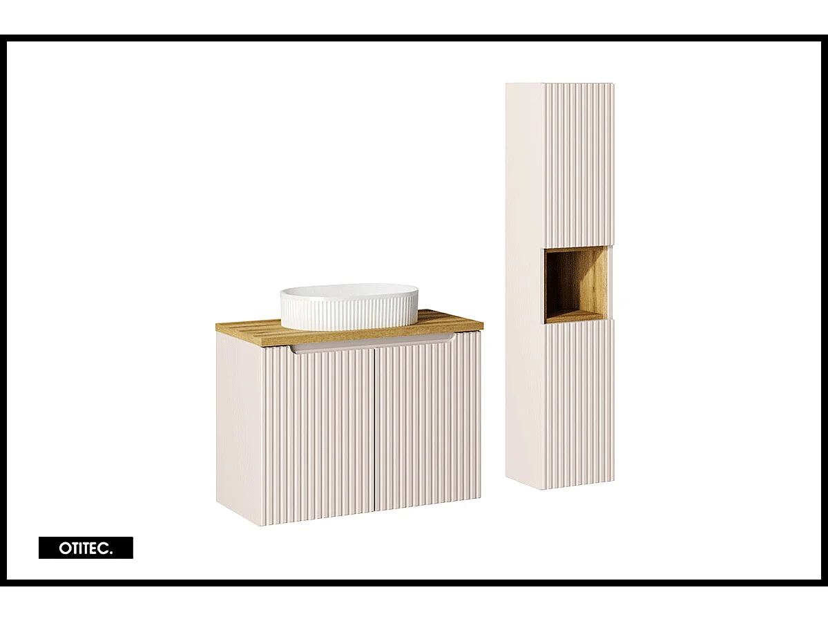 Ensemble de meuble de salle de bain - 80 cm - Cachemire Mat/Oak - avec vasque à poser - avec plan - avec colonne - 2 portes - VOLTA CASHMERE