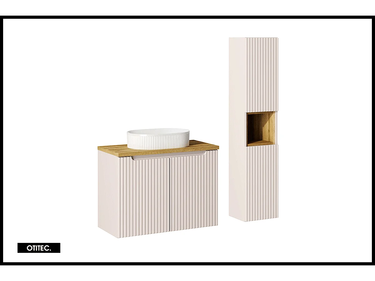 Ensemble de meuble de salle de bain - 80 cm - Cachemire Mat/Oak - avec vasque à poser - avec plan - avec colonne - 2 portes - VOLTA CASHMERE