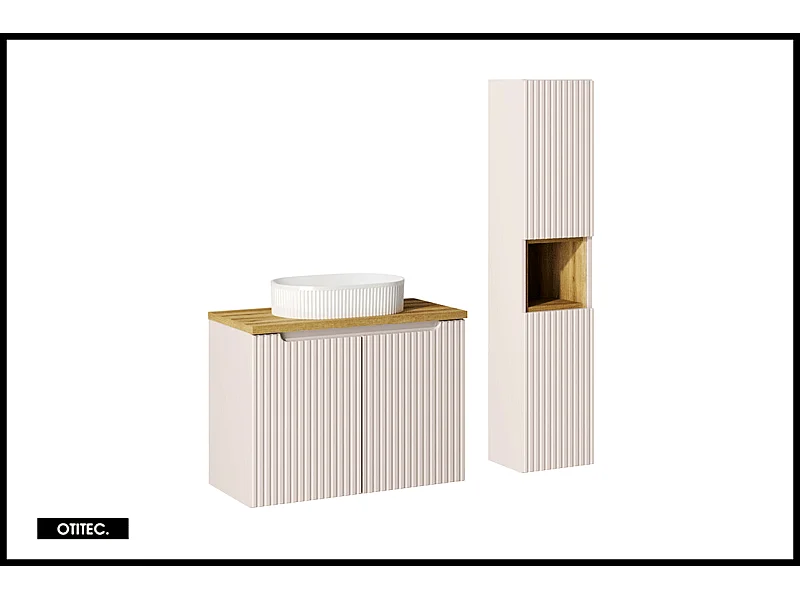 Ensemble de meuble de salle de bain - 80 cm - Cachemire Mat/Oak - avec vasque à poser - avec plan - avec colonne - 2 portes - VOLTA CASHMERE