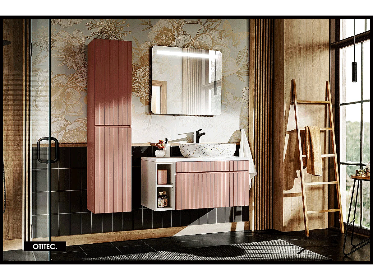 Ensemble de meuble de salle de bain - 100 cm - avec vasque à poser - avec plan - avec colonne et Miroir - 1 tiroir - MINO