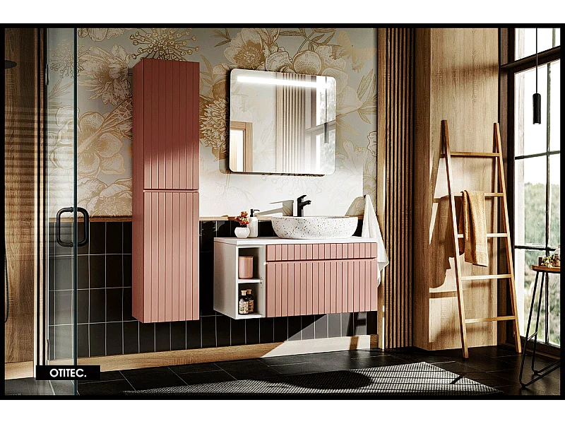 Ensemble de meuble de salle de bain - 100 cm - avec vasque à poser - avec plan - avec colonne et Miroir - 1 tiroir - MINO