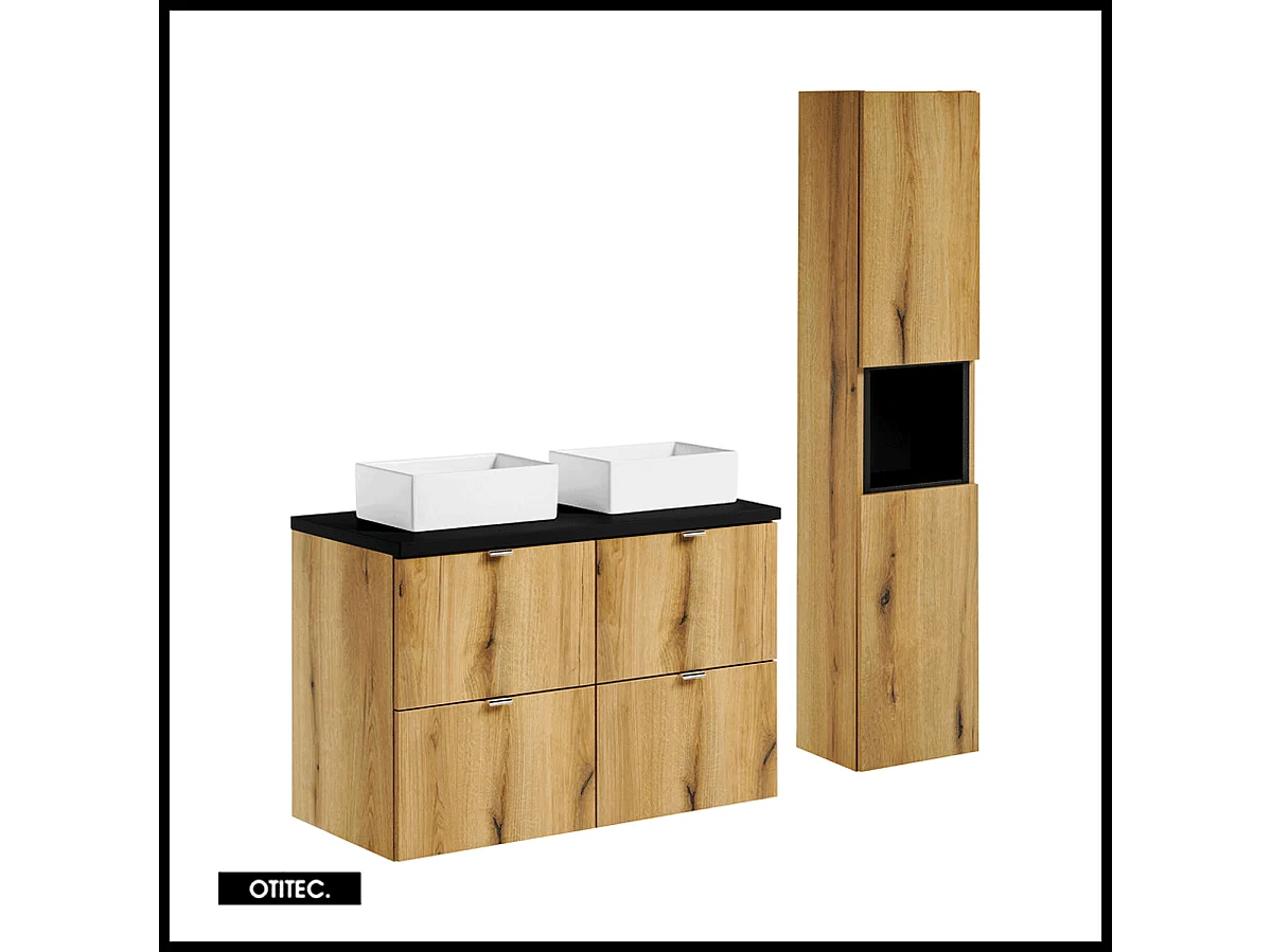 Ensemble de meuble de salle de bain - 100 cm - Noir/Oak - avec vasque à poser - avec plan - avec colonne - 4 tiroirs - VOLTA Oak