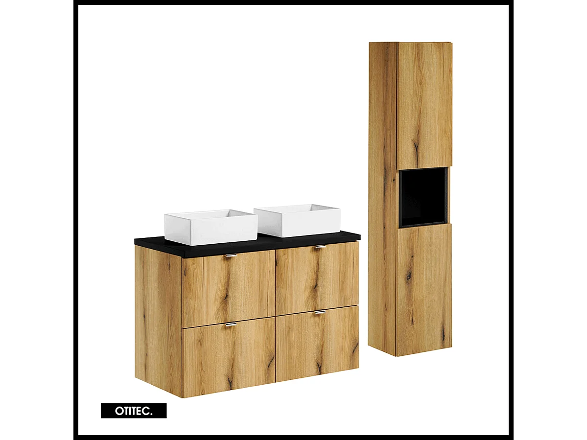 Ensemble de meuble de salle de bain - 100 cm - Noir/Oak - avec vasque à poser - avec plan - avec colonne - 4 tiroirs - VOLTA Oak