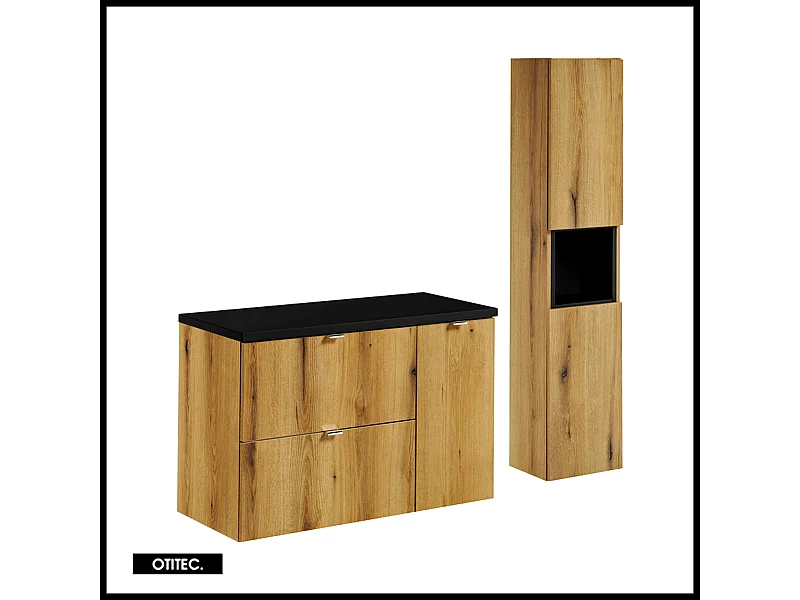 Ensemble de meuble de salle de bain - 90 cm - Noir/Oak - avec plan - avec colonne - 2 tiroirs - VOLTA Oak