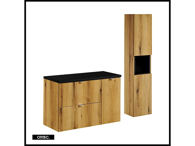 Ensemble de meuble de salle de bain - 90 cm - Noir/Oak - avec plan - avec colonne - 2 tiroirs - VOLTA Oak