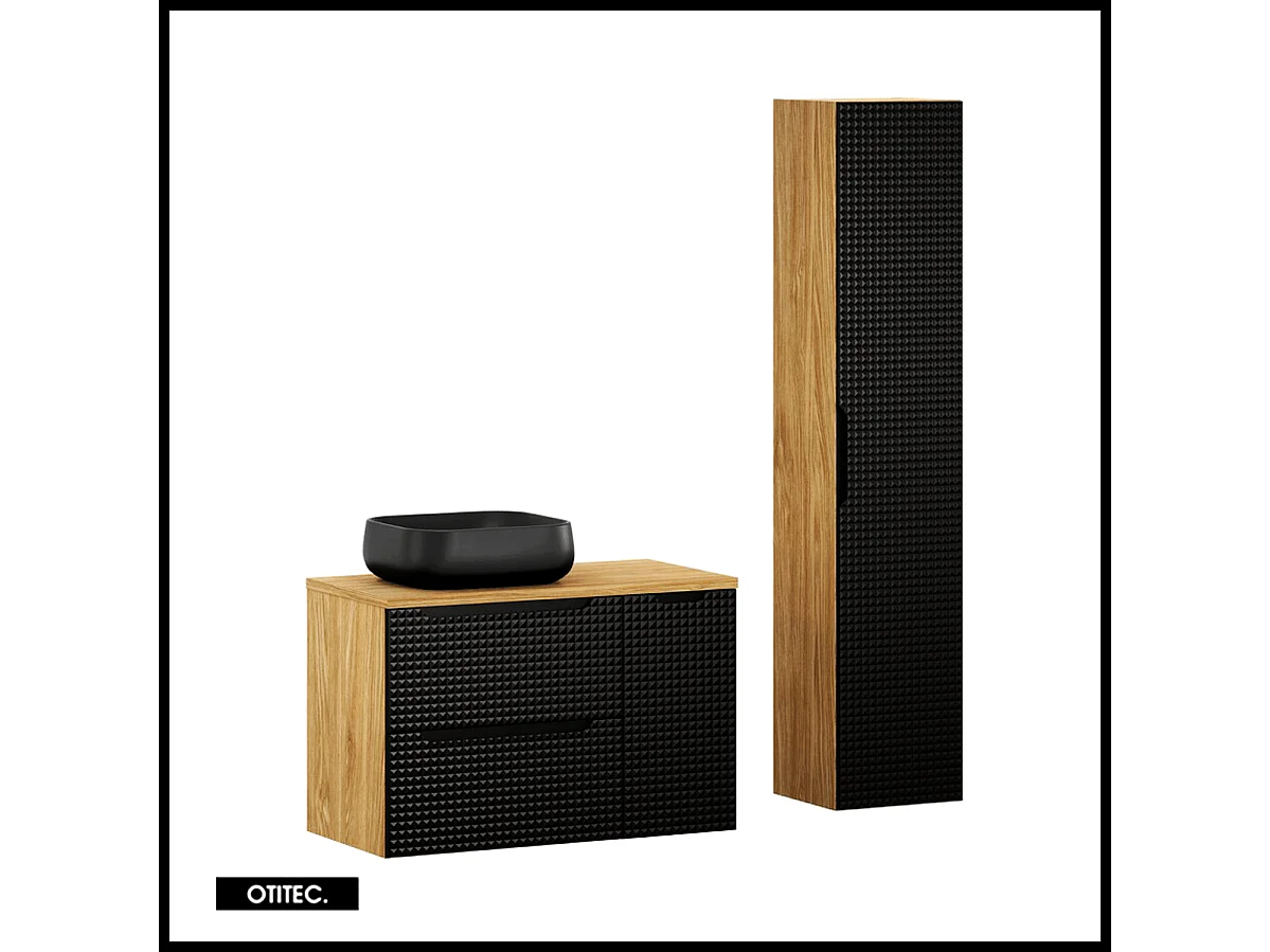 Ensemble de meuble de salle de bain - 90 cm - avec vasque à poser - avec plan - avec colonne - 3 tiroirs - SETTA