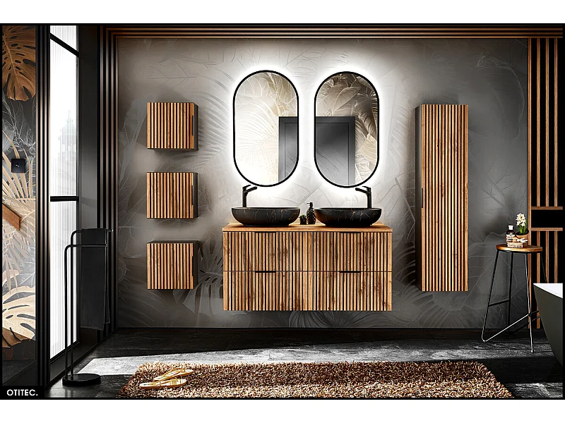 Ensemble de meubles sous vasque - 120 cm - avec Vasques à poser - Cubes et Colonne - Miroirs LED - WOTANIA