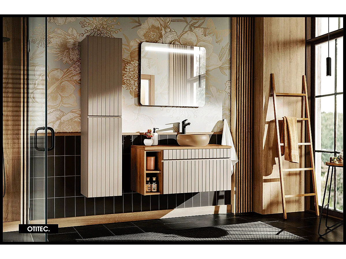 Ensemble de meuble de salle de bain - 100 cm - avec vasque à poser - avec plan - avec colonne et Miroir - 1 tiroir - MINO