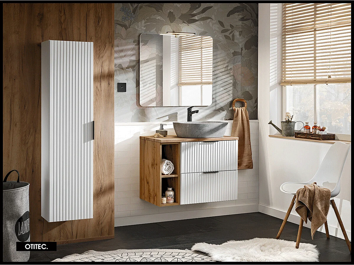 Ensemble meuble de salle de bain de 80 cm - avec plan - avec vasque - avec Miroir - avec colonne - avec Lampe - LIVA WHITE