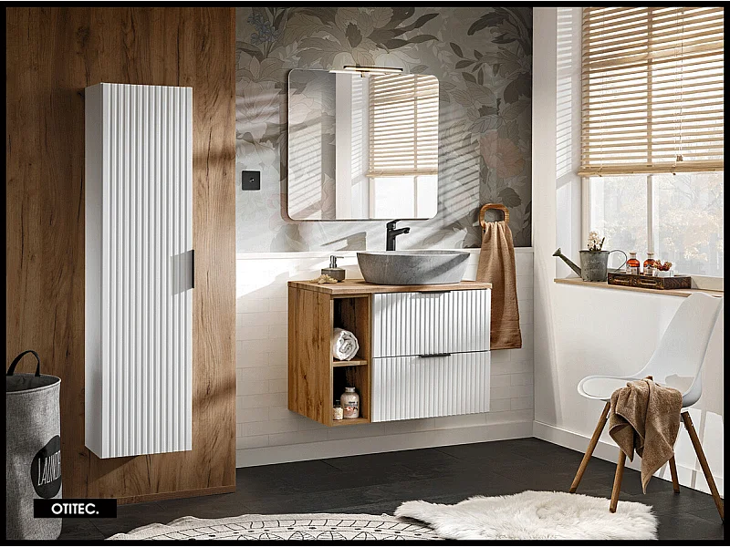 Ensemble meuble de salle de bain de 80 cm - avec plan - avec vasque - avec Miroir - avec colonne - avec Lampe - LIVA WHITE