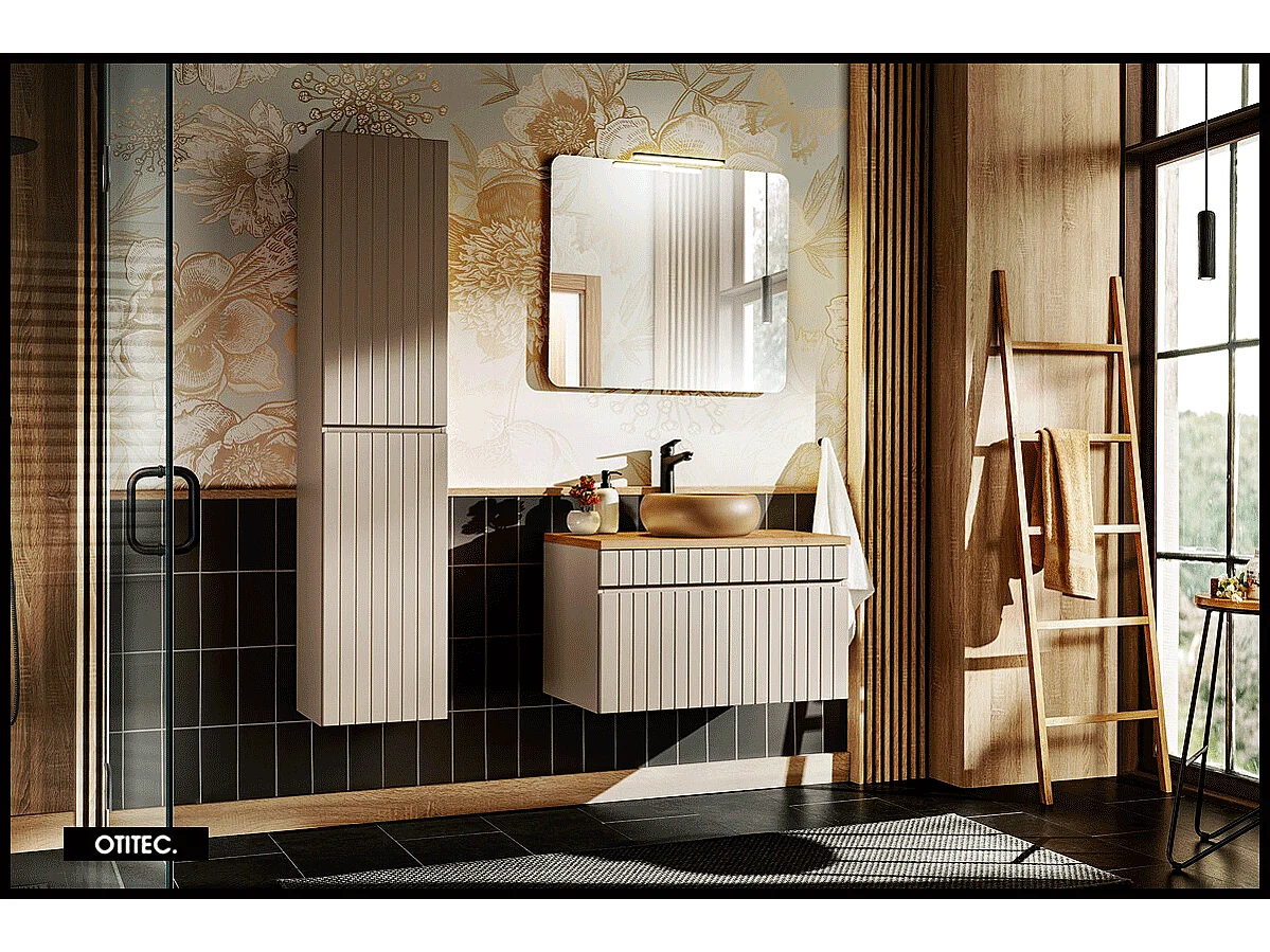 Ensemble de meuble de salle de bain - 80 cm - avec vasque à poser - avec plan - avec colonne et Miroir - 1 tiroir - MINO