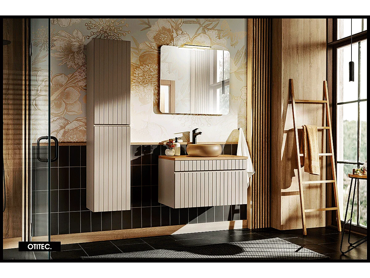 Ensemble de meuble de salle de bain - 80 cm - avec vasque à poser - avec plan - avec colonne et Miroir - 1 tiroir - MINO