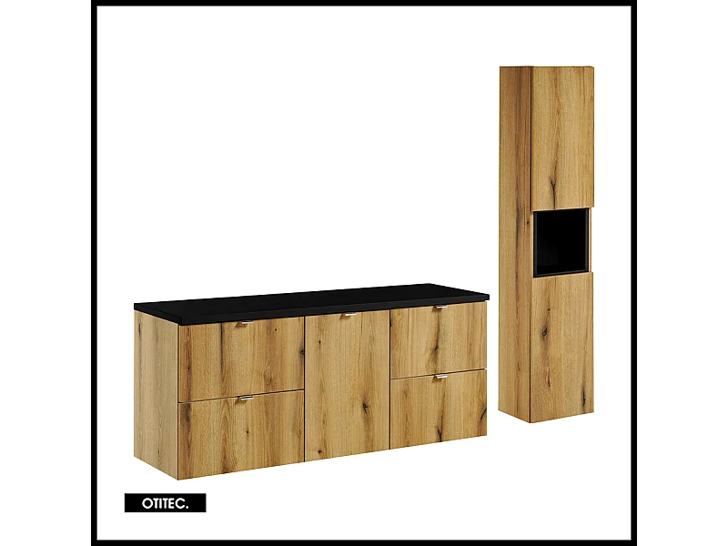Ensemble de meuble de salle de bain - 140 cm - Noir/Oak - avec plan - avec colonne - 4 tiroirs - VOLTA Oak