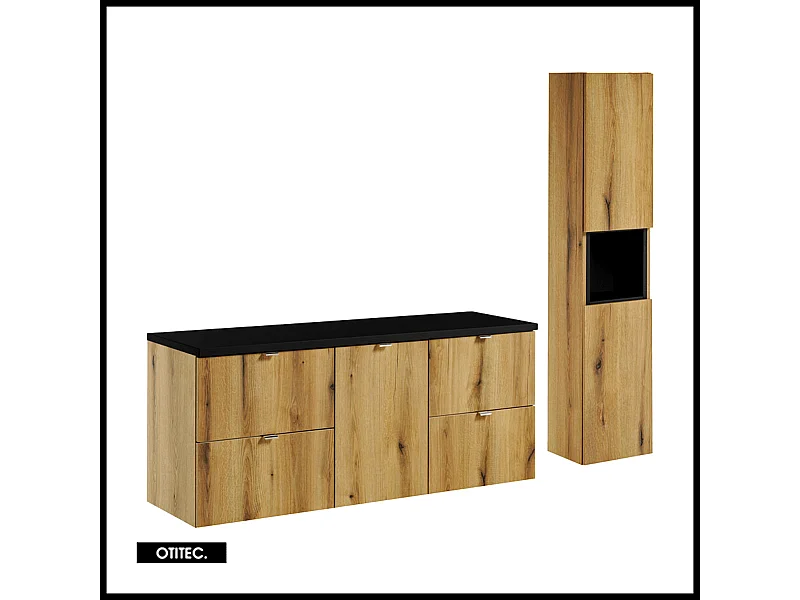 Ensemble de meuble de salle de bain - 140 cm - Noir/Oak - avec plan - avec colonne - 4 tiroirs - VOLTA Oak