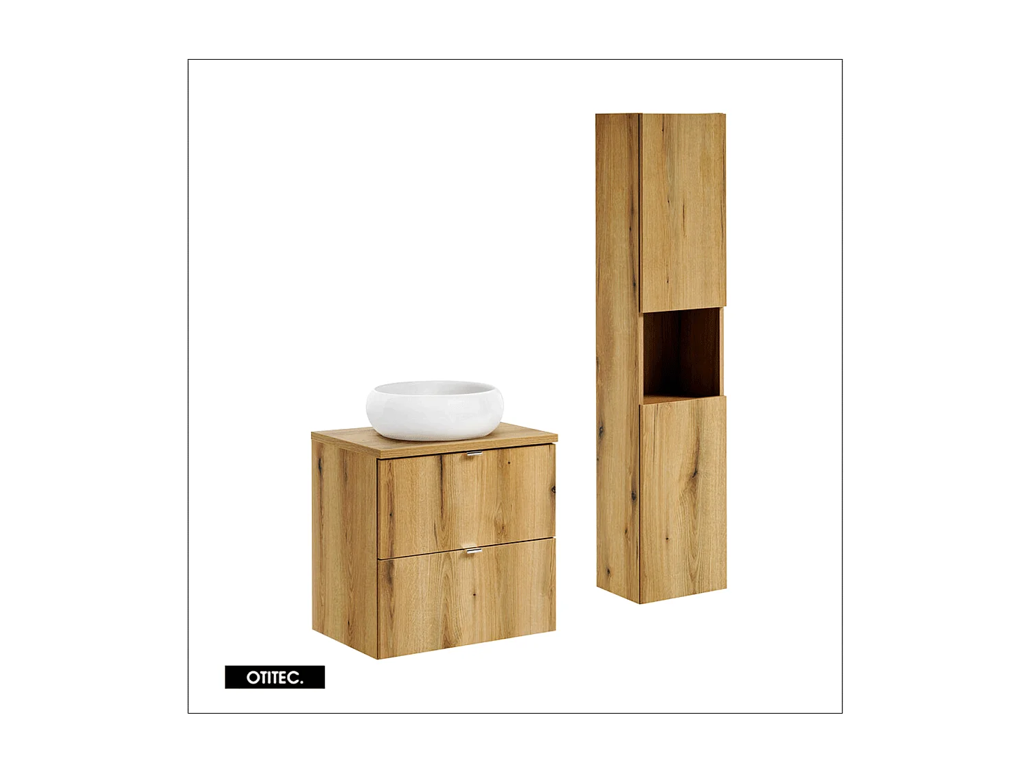 Ensemble de meuble de salle de bain - 60 cm - Oak - avec vasque à poser - avec plan - avec colonne - 2 tiroirs - VOLTA Oak