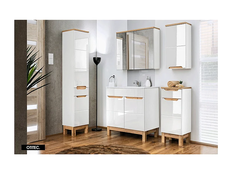 Ensemble meuble de salle de bain - 80 cm - avec vasque à encastrer - avec colonne - avec Armoire Miroir - BALI WHITE