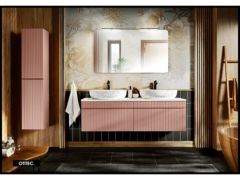 Ensemble de meuble de salle de bain - 160 cm - avec 2 vasques à poser - avec plan - avec colonne et Miroir - 2 tiroirs - MINO