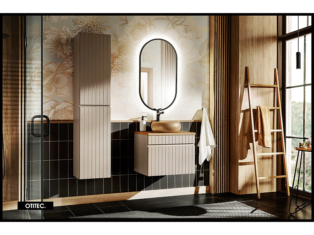 Ensemble de meuble de salle de bain - 60 cm - avec vasque à poser - avec plan - avec colonne et Miroir - 1 tiroir - MINO