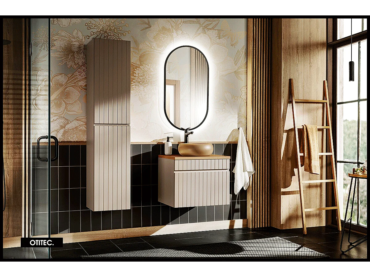 Ensemble de meuble de salle de bain - 60 cm - avec vasque à poser - avec plan - avec colonne et Miroir - 1 tiroir - MINO