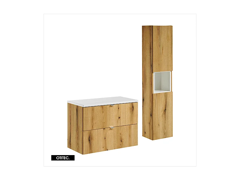 Ensemble de meuble de salle de bain - 80 cm - Oak/Blanc - avec plan - avec colonne - 2 tiroirs - VOLTA Oak