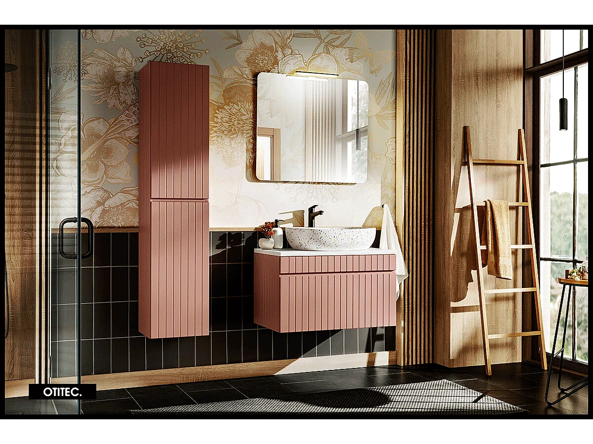 Ensemble de meuble de salle de bain - 80 cm - avec vasque à poser - avec plan - avec colonne et Miroir - 1 tiroir - MINO