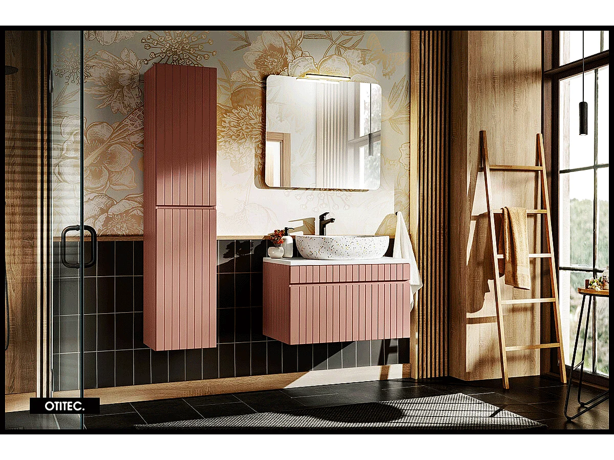 Ensemble de meuble de salle de bain - 80 cm - avec vasque à poser - avec plan - avec colonne et Miroir - 1 tiroir - MINO