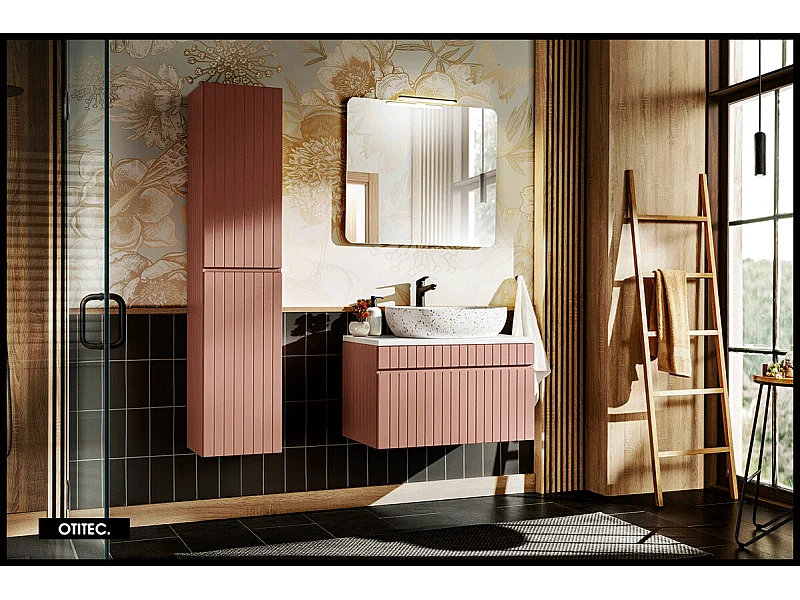 Ensemble de meuble de salle de bain - 80 cm - avec vasque à poser - avec plan - avec colonne et Miroir - 1 tiroir - MINO