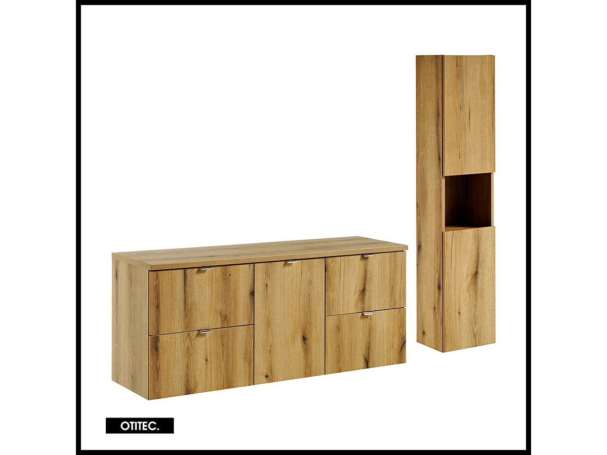 Ensemble de meuble de salle de bain - 140 cm - Oak - avec plan - avec colonne - 4 tiroirs - VOLTA Oak
