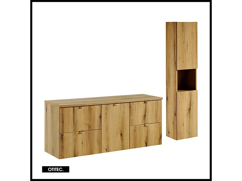 Ensemble de meuble de salle de bain - 140 cm - Oak - avec plan - avec colonne - 4 tiroirs - VOLTA Oak