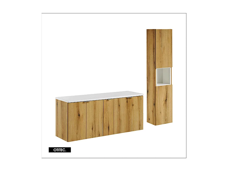 Ensemble de meuble de salle de bain - 140 cm - Oak/Blanc - avec plan - avec colonne - 4 portes - VOLTA Oak
