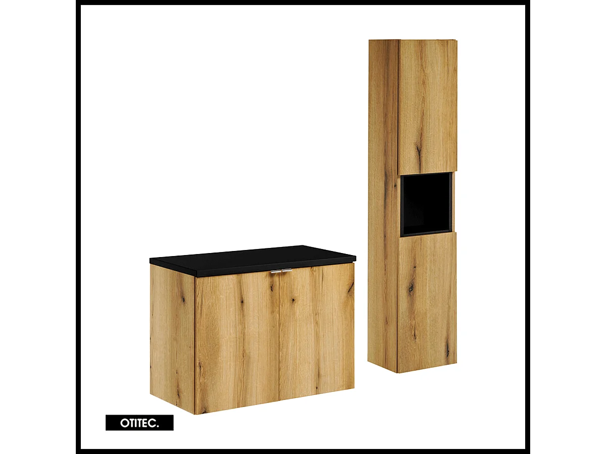 Ensemble de meuble de salle de bain - 80 cm - Noir/Oak - avec plan - avec colonne - 2 portes - VOLTA Oak