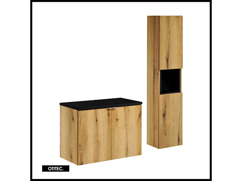 Ensemble de meuble de salle de bain - 80 cm - Noir/Oak - avec plan - avec colonne - 2 portes - VOLTA Oak