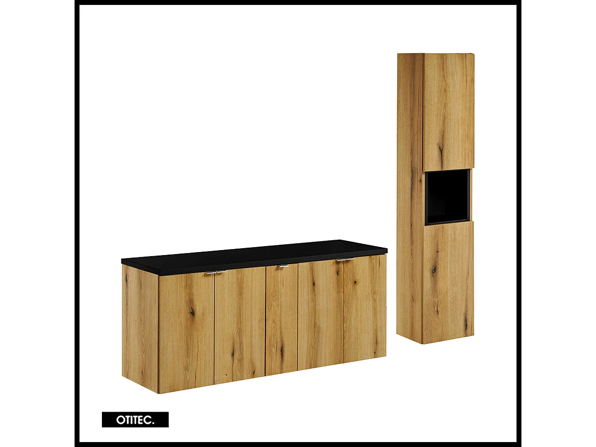 Ensemble de meuble de salle de bain - 140 cm - Noir/Oak - avec plan - avec colonne - 4 portes - VOLTA Oak