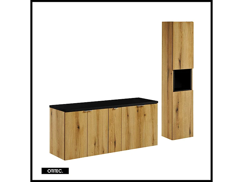 Ensemble de meuble de salle de bain - 140 cm - Noir/Oak - avec plan - avec colonne - 4 portes - VOLTA Oak