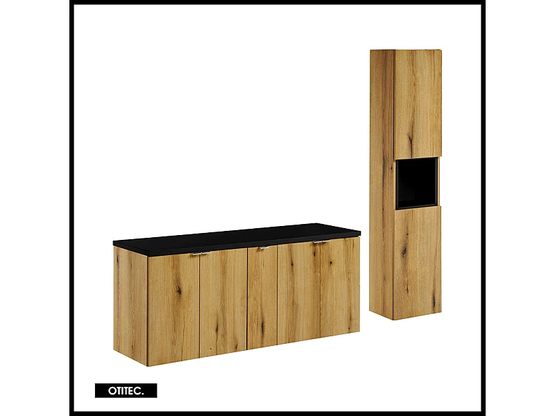 Ensemble de meuble de salle de bain - 140 cm - Noir/Oak - avec plan - avec colonne - 4 portes - VOLTA Oak