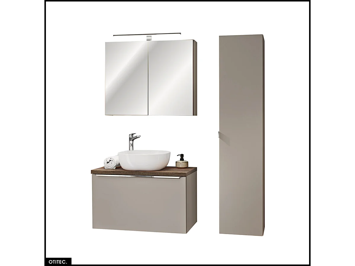 Set de meubles de salle de bain - 80 cm - avec Vasque à poser et Plan - Colonne - Meuble Miroir LED - BOLD TAUPE