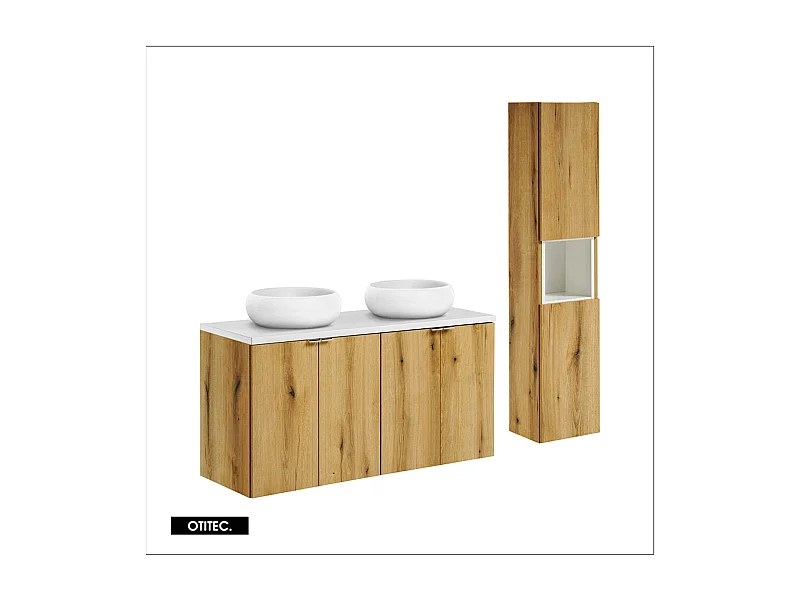 Ensemble de meuble de salle de bain - 120 cm - Oak/Blanc - avec vasque à poser - avec plan - avec colonne - 4 portes - VOLTA Oak