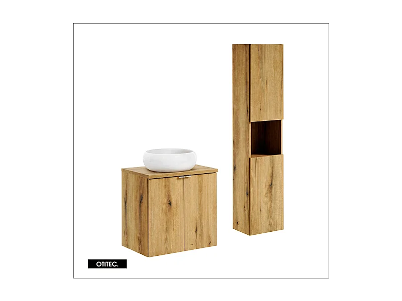 Ensemble de meuble de salle de bain - 60 cm - Oak - avec vasque à poser - avec plan - avec colonne - 2 portes - VOLTA Oak