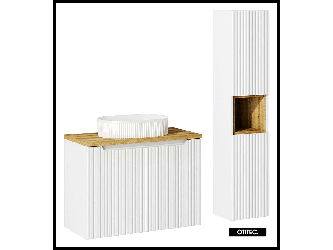 Ensemble de meuble de salle de bain - 80 cm - Oak/Blanc - avec vasque à poser - avec plan - avec colonne - 2 portes - VOLTA WHITE